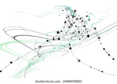 Confetti stars and pencil strokes. The stars fly along the trajectory of the lines. Black, white colors. Festive background. Vector illustration