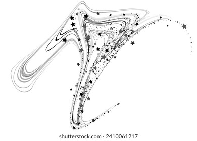 Confetti stars and pencil strokes. The stars fly along the trajectory of the lines. Black, white colors. Festive background. Vector illustration