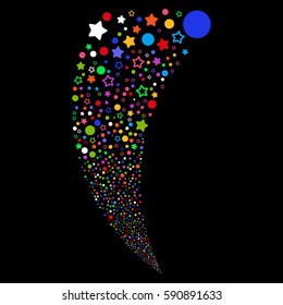 Confetti Stars random fireworks stream. Vector illustration style is flat bright multicolored iconic symbols on a black background. Object fountain combined from scattered icons.