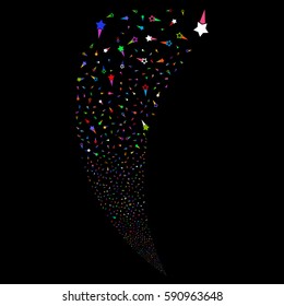Confetti Stars random fireworks stream. Vector illustration style is flat bright multicolored iconic symbols on a black background. Object fountain organized from scattered pictograms.
