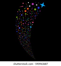 Confetti Stars random fireworks stream. Vector illustration style is flat bright multicolored iconic symbols on a black background. Object fountain combined from scattered design elements.
