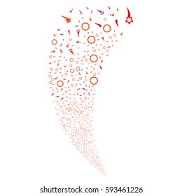 Confetti Stars random fireworks stream. Vector illustration style is flat intensive red and orange iconic symbols on a white background. Object fountain constructed from scattered symbols.
