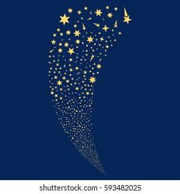 Confetti Stars random fireworks stream. Vector illustration style is flat yellow iconic symbols on a blue background. Object fountain done from scattered pictographs.