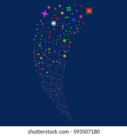 Confetti Stars random fireworks stream. Vector illustration style is flat bright multicolored iconic symbols on a blue background. Object fountain done from scattered symbols.
