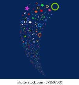 Confetti Stars random fireworks stream. Vector illustration style is flat bright multicolored iconic symbols on a blue background. Object fountain created from scattered icons.