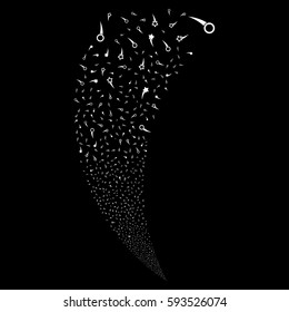 Confetti Stars random fireworks stream. Vector illustration style is flat white iconic symbols on a black background. Object fountain combined from scattered icons.