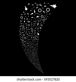Confetti Stars random fireworks stream. Vector illustration style is flat white iconic symbols on a black background. Object fountain done from scattered design elements.