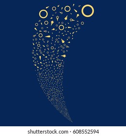Confetti Stars random fireworks stream. Vector illustration style is flat yellow iconic symbols on a blue background. Object fountain made from scattered icons.