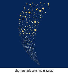 Confetti Stars random fireworks stream. Vector illustration style is flat yellow iconic symbols on a blue background. Object fountain constructed from scattered design elements.