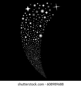 Confetti Stars random fireworks stream. Vector illustration style is flat white iconic symbols on a black background. Object fountain done from scattered design elements.