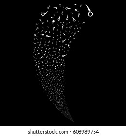 Confetti Stars random fireworks stream. Vector illustration style is flat white iconic symbols on a black background. Object fountain made from scattered icons.
