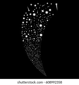 Confetti Stars random fireworks stream. Vector illustration style is flat white iconic symbols on a black background. Object fountain done from scattered pictographs.