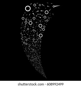 Confetti Stars random fireworks stream. Vector illustration style is flat white iconic symbols on a black background. Object fountain organized from scattered design elements.