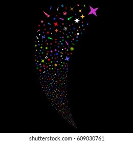 Confetti Stars random fireworks stream. Vector illustration style is flat bright multicolored iconic symbols on a black background. Object fountain created from scattered pictographs.
