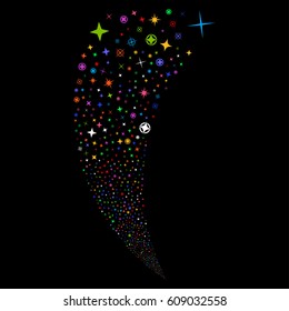 Confetti Stars random fireworks stream. Vector illustration style is flat bright multicolored iconic symbols on a black background. Object fountain constructed from scattered symbols.