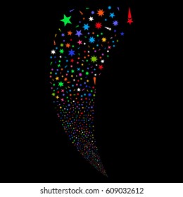 Confetti Stars random fireworks stream. Vector illustration style is flat bright multicolored iconic symbols on a black background. Object fountain organized from scattered design elements.