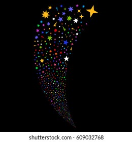 Confetti Stars random fireworks stream. Vector illustration style is flat bright multicolored iconic symbols on a black background. Object fountain combined from scattered design elements.