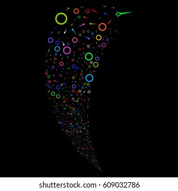 Confetti Stars random fireworks stream. Vector illustration style is flat bright multicolored iconic symbols on a black background. Object fountain organized from scattered icons.