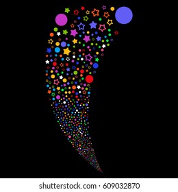 Confetti Stars random fireworks stream. Vector illustration style is flat bright multicolored iconic symbols on a black background. Object fountain organized from scattered pictograms.