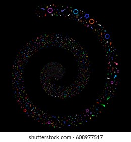 Confetti Stars salute concentric spiral. Vector bright multicolored scattered objects.