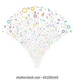 Confetti Stars salute stream. Vector illustration style is flat bright multicolored iconic symbols on a white background. Object explosion fountain constructed from random pictographs.