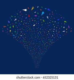 Confetti Stars salute stream. Vector illustration style is flat bright multicolored iconic symbols on a blue background. Object stream fountain constructed from random design elements.