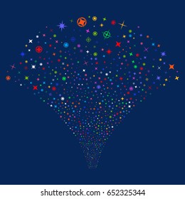 Confetti Stars salute stream. Vector illustration style is flat bright multicolored iconic symbols on a blue background. Object fireworks fountain organized from random pictographs.