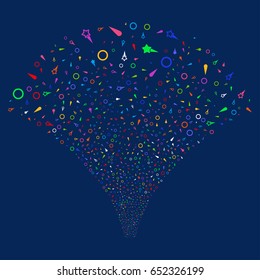 Confetti Stars salute stream. Vector illustration style is flat bright multicolored iconic symbols on a blue background. Object explosion fountain organized from random symbols.