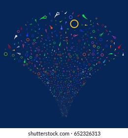 Confetti Stars salute stream. Vector illustration style is flat bright multicolored iconic symbols on a blue background. Object fireworks fountain done from random icons.