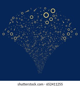 Confetti Stars salute stream. Vector illustration style is flat yellow iconic symbols on a blue background. Object explosion fountain made from random symbols.