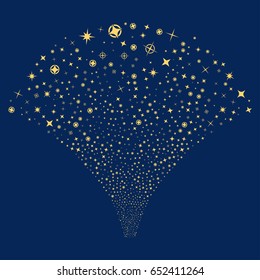 Confetti Stars salute stream. Vector illustration style is flat yellow iconic symbols on a blue background. Object fireworks fountain combined from random icons.