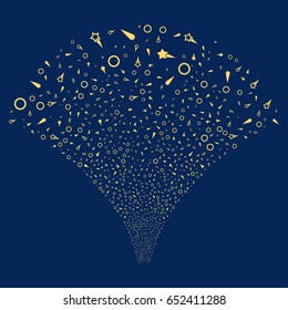 Confetti Stars salute stream. Vector illustration style is flat yellow iconic symbols on a blue background. Object fireworks fountain created from random symbols.