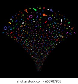 Confetti Stars salute stream. Vector illustration style is flat bright multicolored iconic symbols on a black background. Object explosion fountain organized from random symbols.