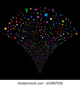 Confetti Stars salute stream. Vector illustration style is flat bright multicolored iconic symbols on a black background. Object source fountain created from random icons.