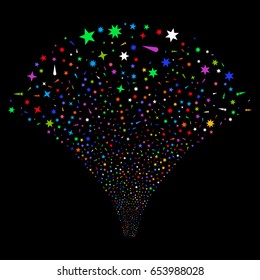 Confetti Stars salute stream. Vector illustration style is flat bright multicolored iconic symbols on a black background. Object explosion fountain created from random pictograms.