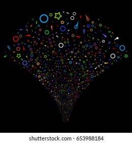 Confetti Stars salute stream. Vector illustration style is flat bright multicolored iconic symbols on a black background. Object stream fountain combined from random design elements.