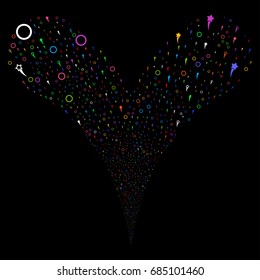 Confetti Stars salute stream. Vector illustration style is flat bright multicolored iconic confetti stars symbols on a black background. Object fountain done from random design elements.