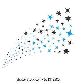 Confetti Stars source stream. Vector illustration style is flat blue and gray iconic symbols on a white background. Object stream fountain made from randomized pictographs.