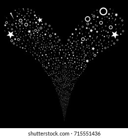 Confetti Stars source stream. Vector illustration style is flat white iconic confetti stars symbols on a black background. Object fountain constructed from random pictographs.