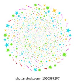 Confetti Stars spiral explosion. Element burst done from scattered confetti stars symbols. Vector illustration style is flat iconic symbols.