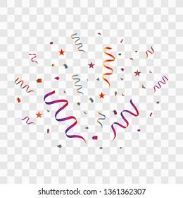 Confetti And Streamer Ribbon Falling On Transparent Background. Vector EPS10