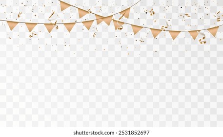 Confetti streamers with flags. Bright festive tinsel with golden flags. Festive design elements. Vector