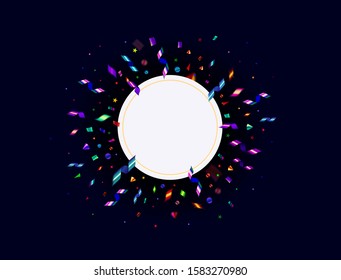 Confetti, streamers and ribbons with round frame isolated on dark blue background. Vector party, event or celebration background. Flying colorful confetti and other party decorations.