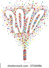 The confetti takes off from a cracker in the form of figures of new year