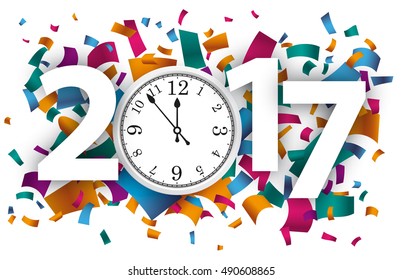 Confetti with text 2017 und white clock. Eps 10 vector file.