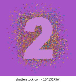 Confetti threads arranged in the shape of a figure 2. "Two" number on a purple bright background. Celebration concept. Vector.
