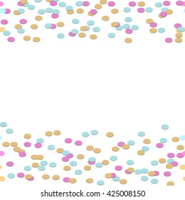 Confetti tinsel border vector background. Colorful circles frame seamless sides border for card templates and invitations.
