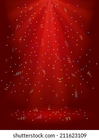 Confetti and tinsel on shining red background, illustration. 