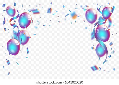Confetti and Titanium rainbow ribbons with balloons on transparent background as celebration template concept. vector illustration