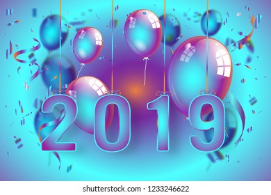 Confetti and Titanium rainbow ribbons celebration Happy New Year 2019 on colorful background as template concept. vector illustration